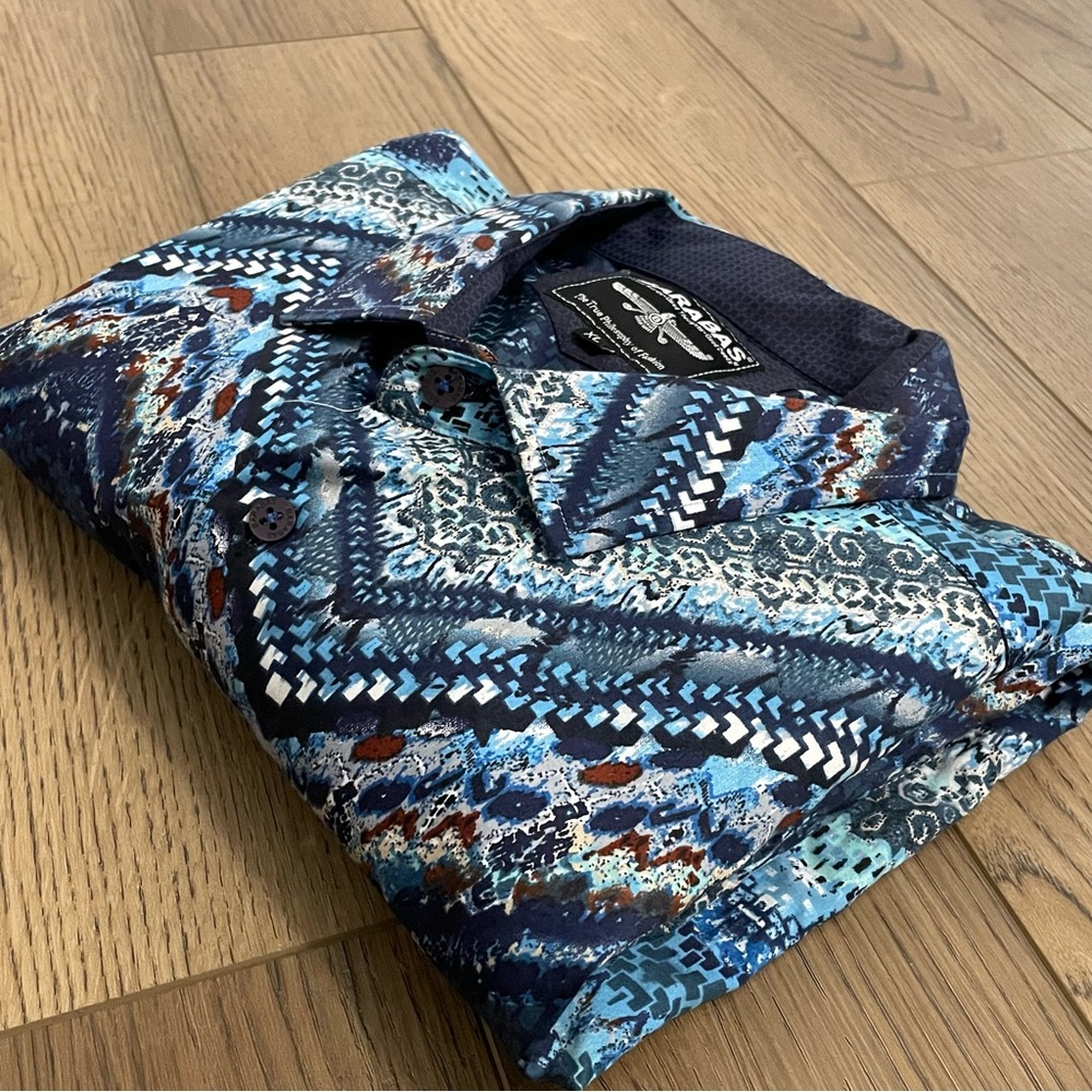 Barabas Tribal Print Long‎ Sleeve Blue Button Down Shirt Herringbone - Picture 3 of 11